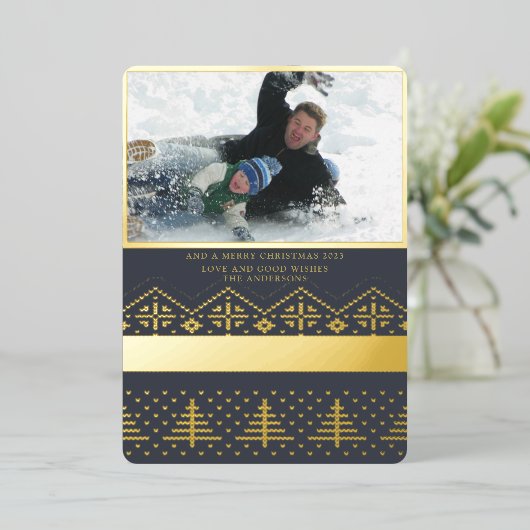 金実在箔クリスマスセーター写真 箔シーズンカード (立ち正面)