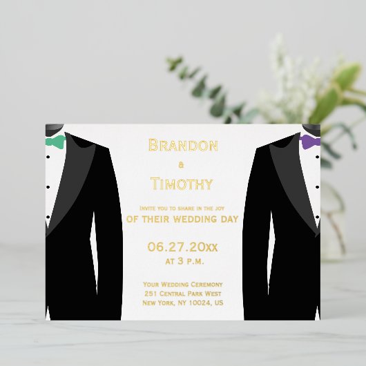 金実在箔ゲイ結婚の緑と紫の招待状 箔招待状 (立ち正面)