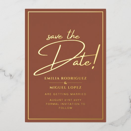 金実在箔テラコッタ日付の保存結婚日 箔招待状 (正面)