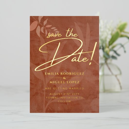 金実在箔テラコッタ日付の結婚保存 箔招待状 (立ち正面)