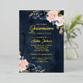 金実在箔ネイビーピンクフローラキンセアニェラ 箔招待状 (立ち正面)