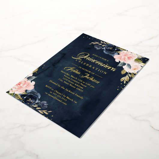 金実在箔ネイビーピンクフローラキンセアニェラ 箔招待状 (回転した状態)