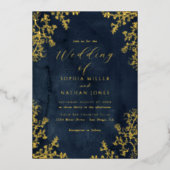 金実在箔ネイビーフローラレーススクリプ結婚ト 箔招待状 (正面)