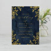 金実在箔ネイビーフローラレーススクリプ結婚ト 箔招待状 (立ち正面)