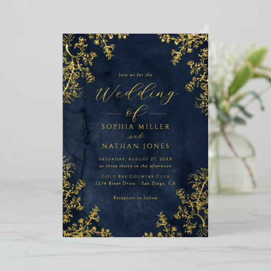 金実在箔ネイビーフローラレーススクリプ結婚ト 箔招待状 (立ち正面)
