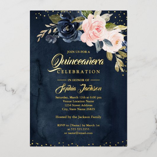 金実在箔ネイビー赤面ピンクフローラキンセアニェラ 箔招待状 (正面)