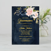 金実在箔ネイビー赤面ピンクフローラキンセアニェラ 箔招待状 (立ち正面)