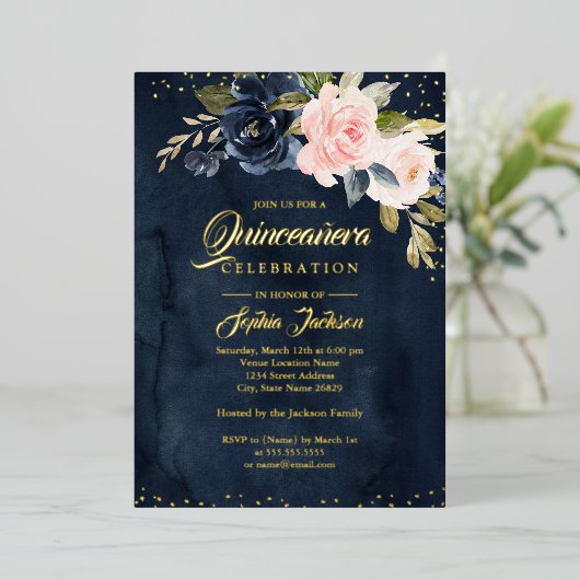 金実在箔ネイビー赤面ピンクフローラキンセアニェラ 箔招待状 (立ち正面)