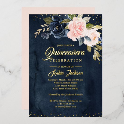 金実在箔ネイビー赤面ピンクフローラキンセアニェラ 箔招待状 (正面/裏面)