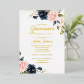 金実在箔ピンクネイビーフローラキンセアニェラ 箔招待状 (立ち正面)