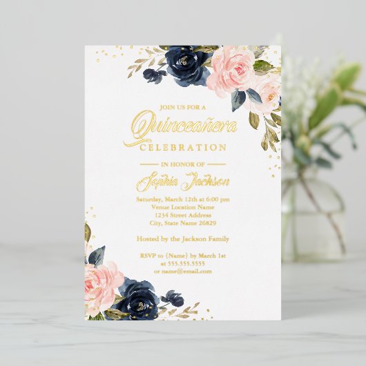 金実在箔ピンクネイビーフローラキンセアニェラ 箔招待状 (立ち正面)