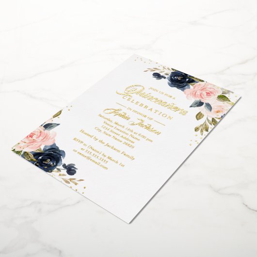 金実在箔ピンクネイビーフローラキンセアニェラ 箔招待状 (回転した状態)