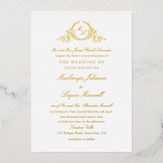 金実在箔フォーマルモノグラム結婚書跡 箔招待状 (正面)