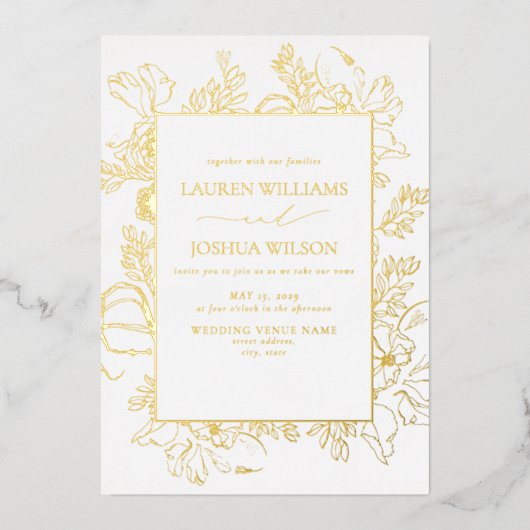 金実在箔フローララインア結婚ート 箔招待状 (正面)