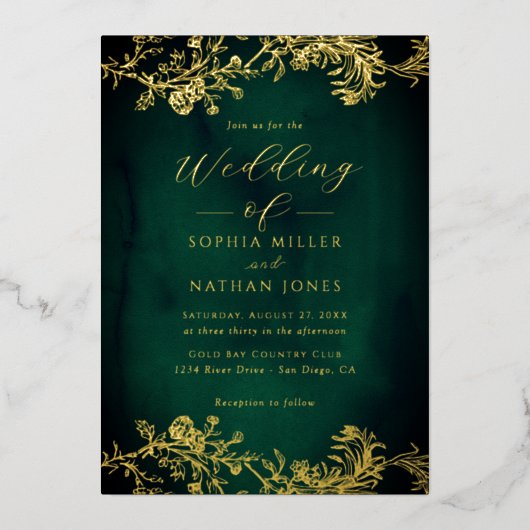 金実在箔フローラレーススクリプトエメラルド結婚ス 箔招待状 (正面)