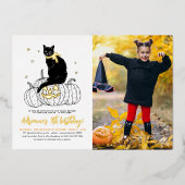 金実在箔ブラックキャットハロウィンフォト誕生日 箔招待状 (正面)