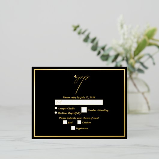金実在箔ブラック&金ゴールドウェディングRSVP 箔招待状ポストカード (立ち正面)