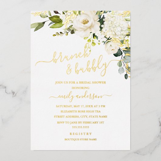 金実在箔ブランチ及び泡状ブライダルシャワー 箔招待状 (正面)
