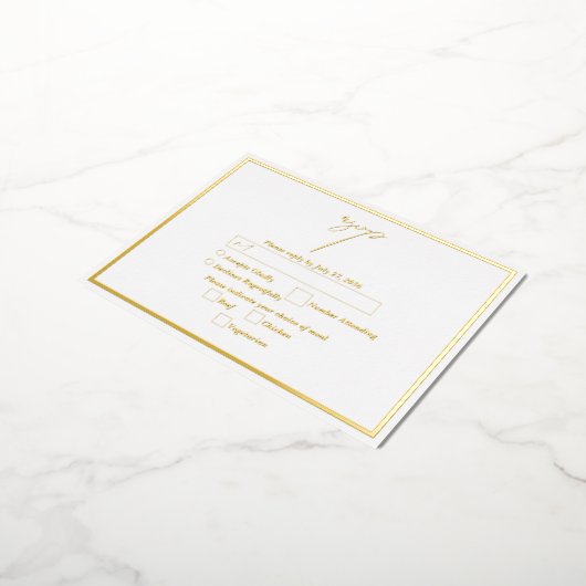 金実在箔ホワイト&金ゴールドウェディングRSVP 箔招待状ポストカード (回転した状態)