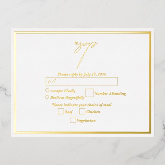 金実在箔ホワイト&金ゴールドウェディングRSVP 箔招待状ポストカード (正面)