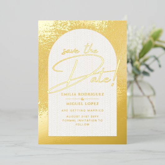 金実在箔モダン結婚式LeahGの日付を保存 箔招待状 (立ち正面)