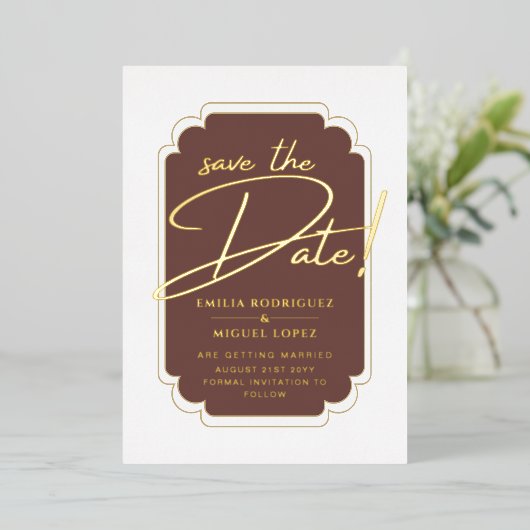 金実在箔モダン結婚式LeahGの日付を保存 箔招待状 (立ち正面)