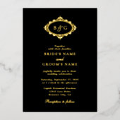 金実在箔リースエレガントブラック金ゴールド結婚ズ 箔招待状 (正面)