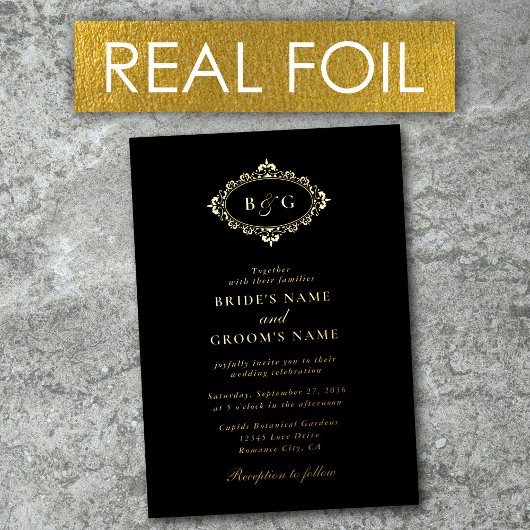 金実在箔リースエレガントブラック金ゴールド結婚ズ 箔招待状