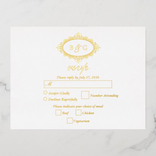 金実在箔リースホワイトウェディングRSVP 箔招待状ポストカード (正面)