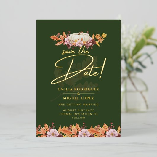 金実在箔秋パンプキ救ンデ結婚ート箔 箔招待状 (立ち正面)