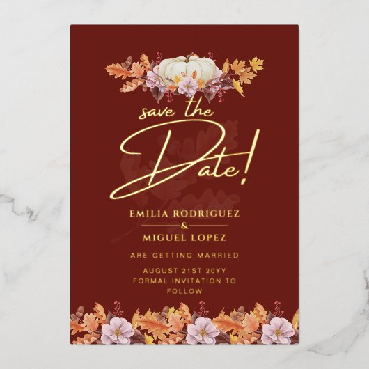 金実在箔秋パンプキ救ンデ結婚ート箔 箔招待状 (正面)