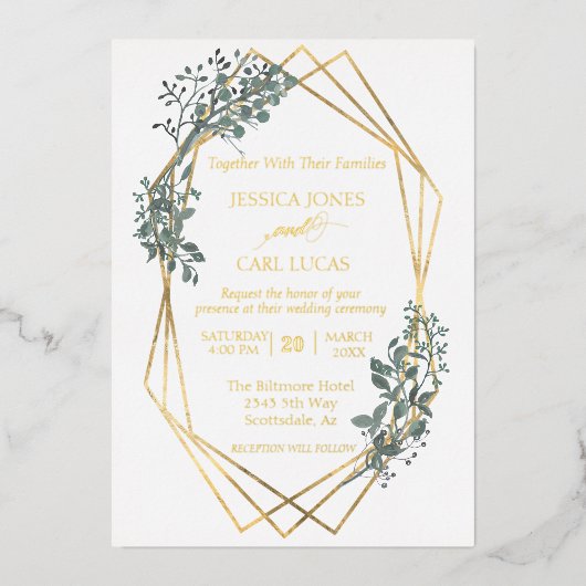 金実在箔結婚の葉の離れ枠 箔招待状 (正面)