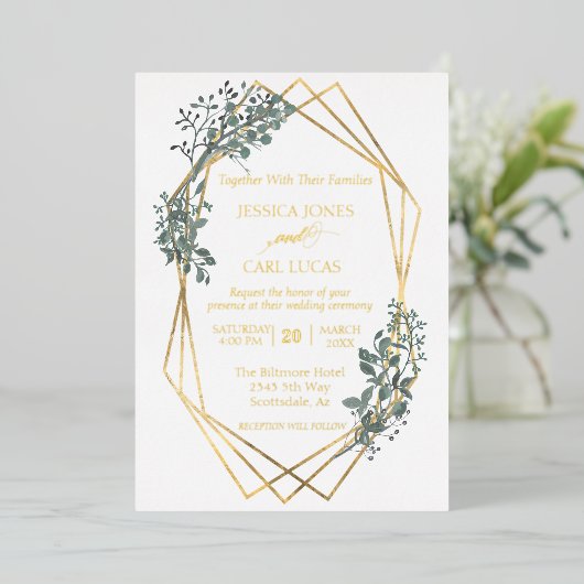 金実在箔結婚の葉の離れ枠 箔招待状 (立ち正面)