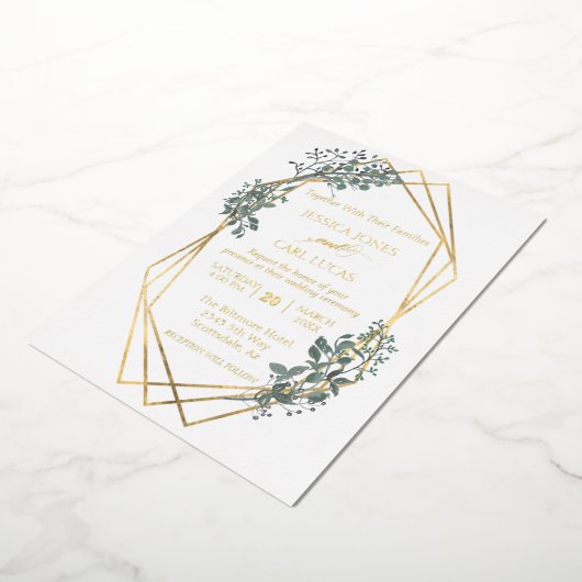 金実在箔結婚の葉の離れ枠 箔招待状 (回転した状態)