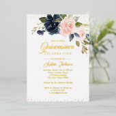 金実在箔赤面ピンクネイビーフローラキンセアニェラ 箔招待状 (立ち正面)