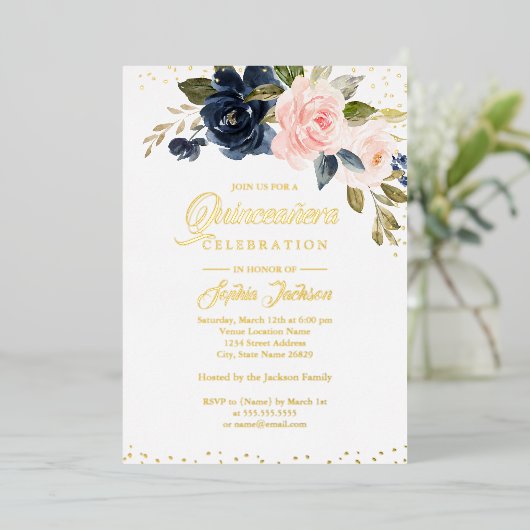 金実在箔赤面ピンクネイビーフローラキンセアニェラ 箔招待状 (立ち正面)