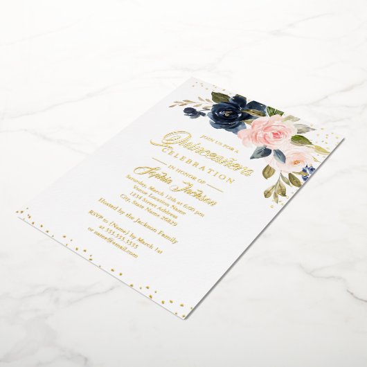 金実在箔赤面ピンクネイビーフローラキンセアニェラ 箔招待状 (回転した状態)