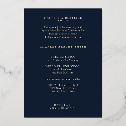 金実在金と海軍のタイポグラフィモダングラッド写真 箔招待状 (裏面)