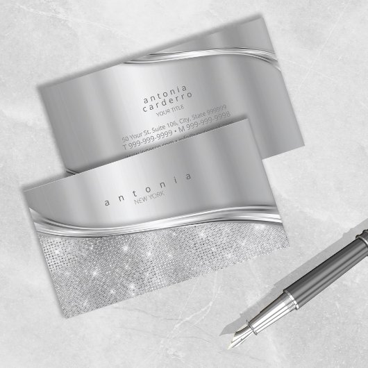 金属およびグリッター波シルバーID807 名刺