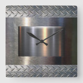 金属およびダイヤモンドプレートデザイン スクエア壁時計 (正面)