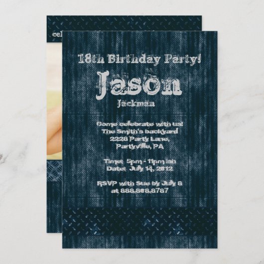 金属の擦り切れたでグランジなデニムの誕生会 招待状 (正面/裏面)