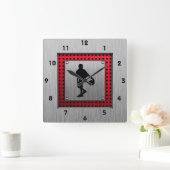 金属をブラシで塗った外観、バスケットボール;レッド スクエア壁時計 (ホーム)