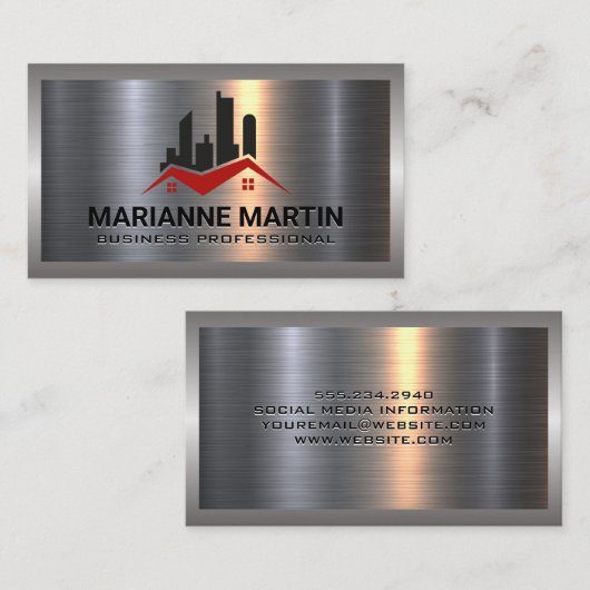 金属アルミニウムシルバーブラシ |エステート実在ロゴ 名刺 (正面/裏面)