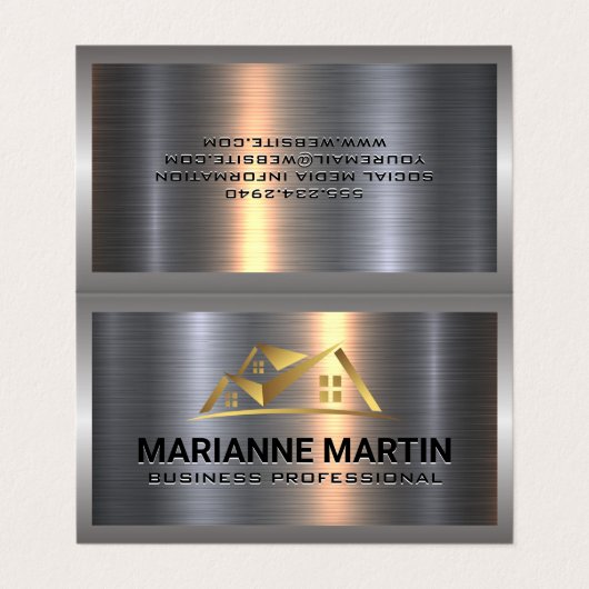 金属アルミニウムシルバーブラシ |金ゴールドハウスロゴ 名刺 (外部フラット)
