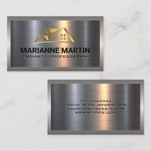 金属アルミニウムシルバーブラシ |金ゴールドハウスロゴ 名刺 (正面/裏面)
