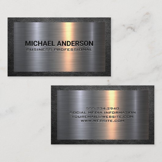 金属アルミニウムシルバーブラシ | 革縁ど 名刺 (正面/裏面)