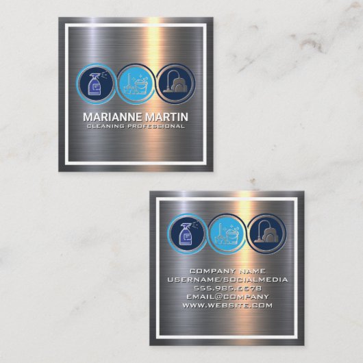 金属アルミニウムブラシ | クリーニングサービスアイコン スクエア名刺 (正面/裏面)