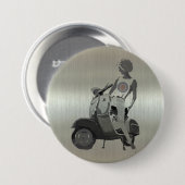 金属アルミニウム効果のスクーターの女の子 缶バッジ (正面&裏面)