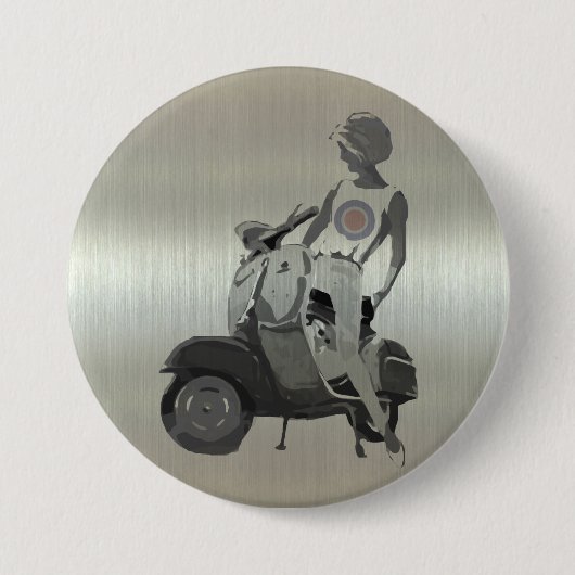 金属アルミニウム効果のスクーターの女の子 缶バッジ (正面)