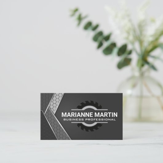 金属アルミニウム銀 | 鋸工業幾何学模様 名刺 (スタンド正面)